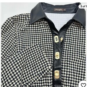 J. McLaughlin Black and White Houndstooth Dress with Leather Trim